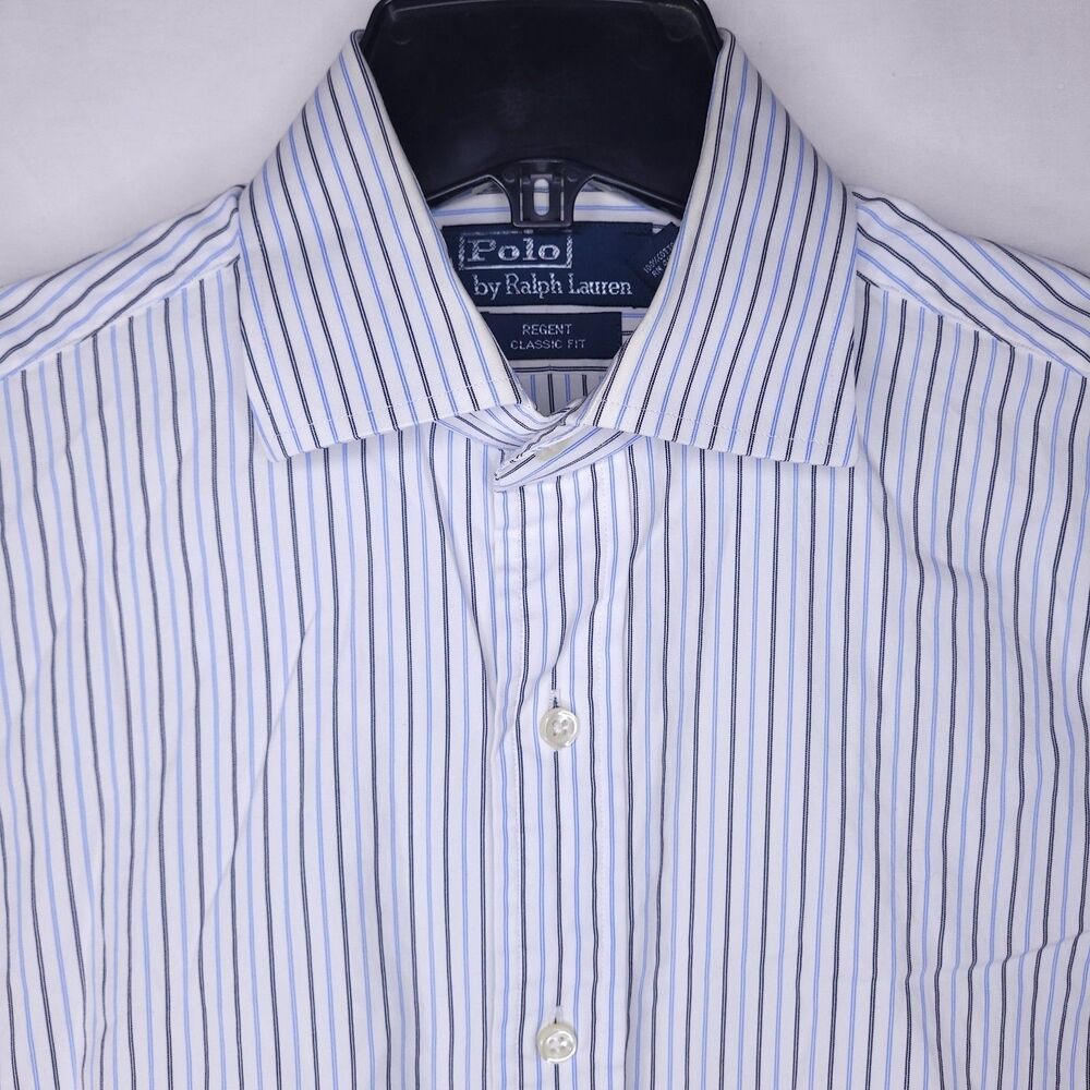 Polo Ralph Lauren Dress Shirt Mens 15 Striped White, Blue Regent Classic Fit